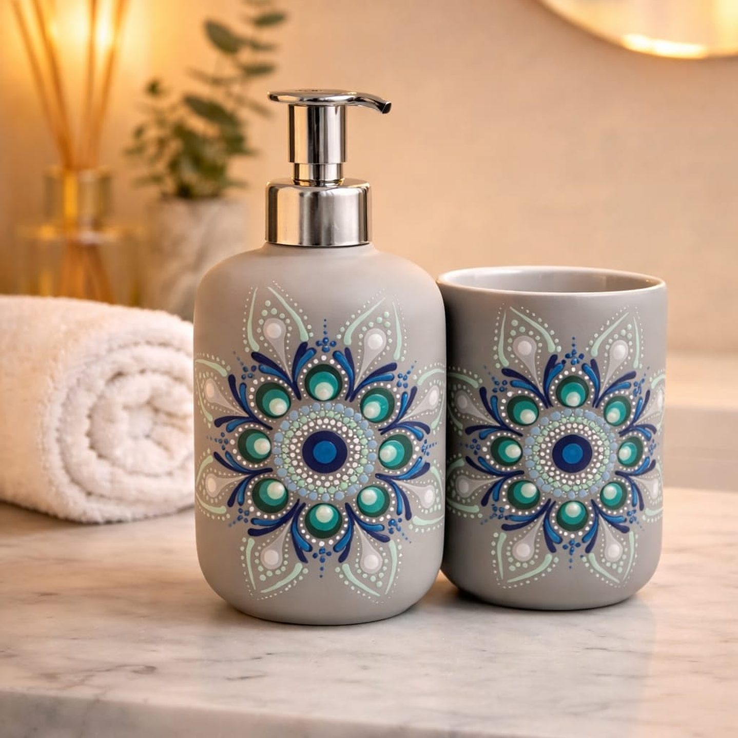 JABONERA MANDALA FONDO EN PIEDRA BEIGE CON MANDALA AZUL Y VERDE 1