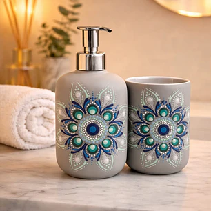 JABONERA MANDALA FONDO EN PIEDRA BEIGE CON MANDALA AZUL Y VERDE