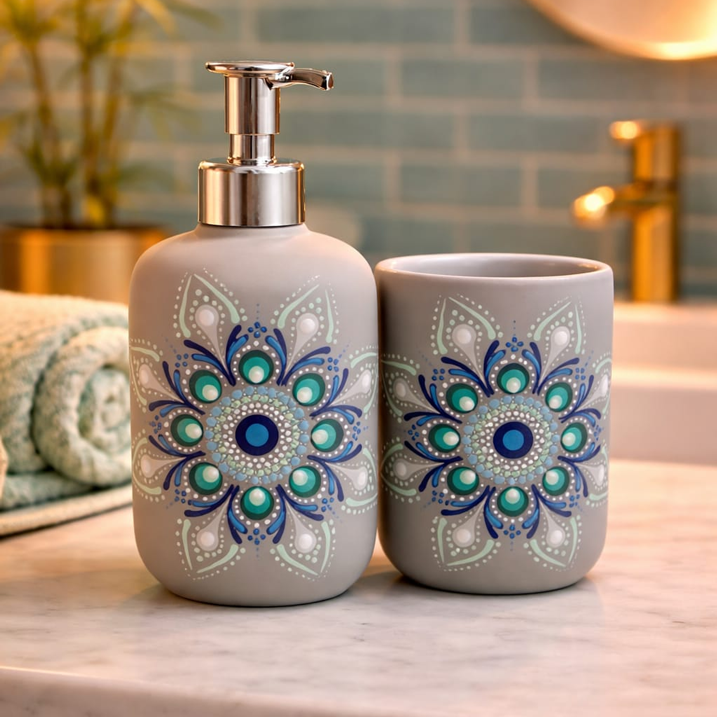 JABONERA MANDALA FONDO EN PIEDRA BEIGE CON MANDALA AZUL Y VERDE 2