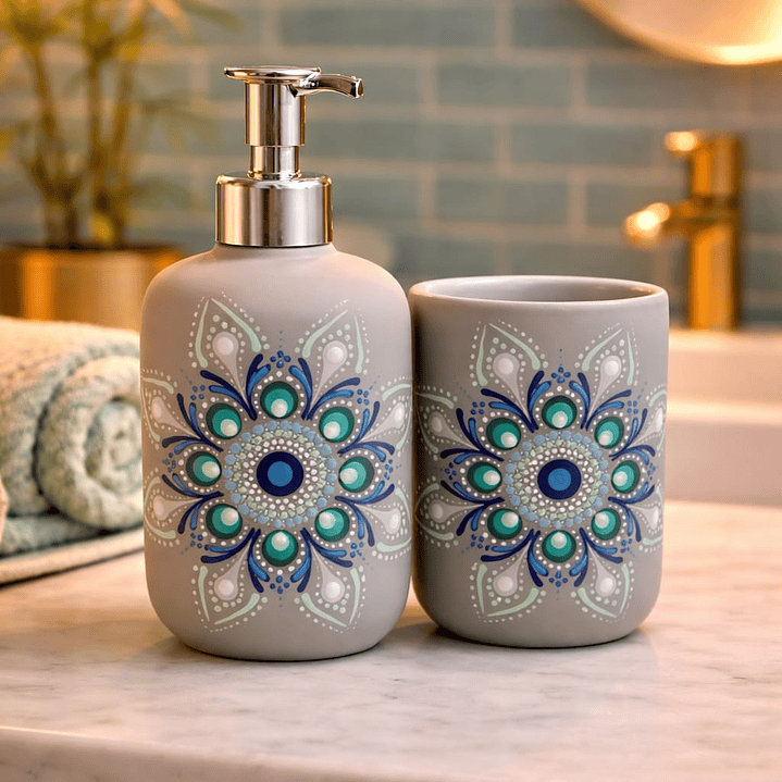 JABONERA MANDALA FONDO EN PIEDRA BEIGE CON MANDALA AZUL Y VERDE 2