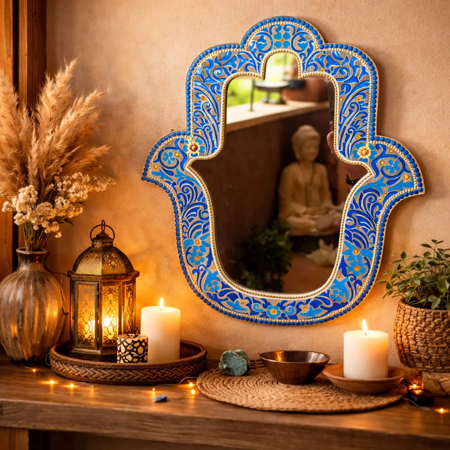 ESPEJO MANO DE FATIMA AZUL Y DORADO 40 CM 1