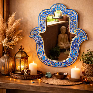 ESPEJO MANO DE FATIMA AZUL Y DORADO 40 CM