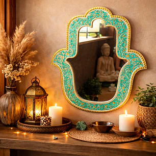 ESPEJO MANO DE FATIMA VERDE Y DORADO 40 CM