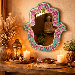 ESPEJO MANO DE FATIMA FUCSIA Y TURQUESA 40 CM 