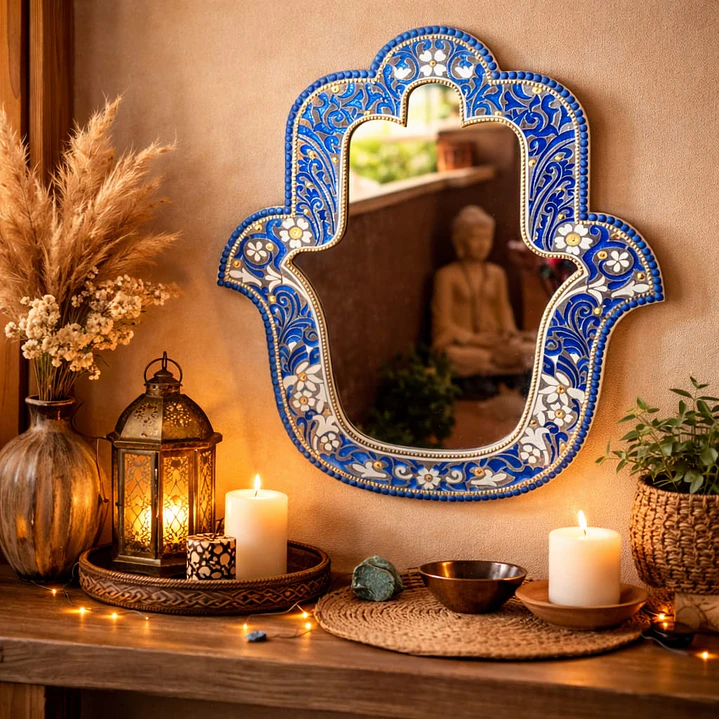 ESPEJO MANO DE FATIMA AZUL Y BLANCO 40 CM  1