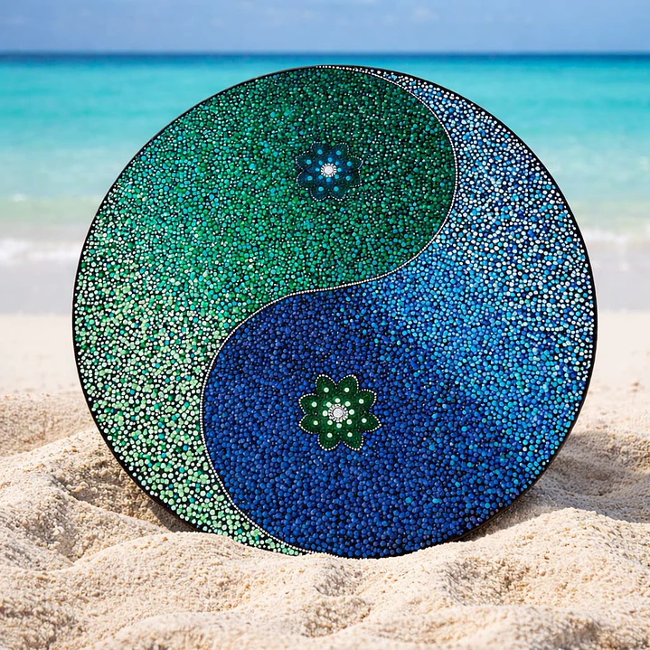 MANDALA YING YANG VERDE & AZUL LIENZO 50 CM 1