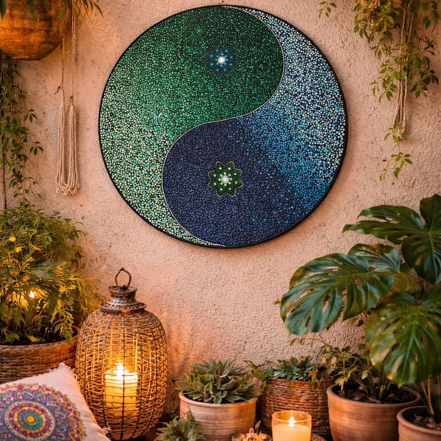 MANDALA YING YANG VERDE & AZUL LIENZO 50 CM 2