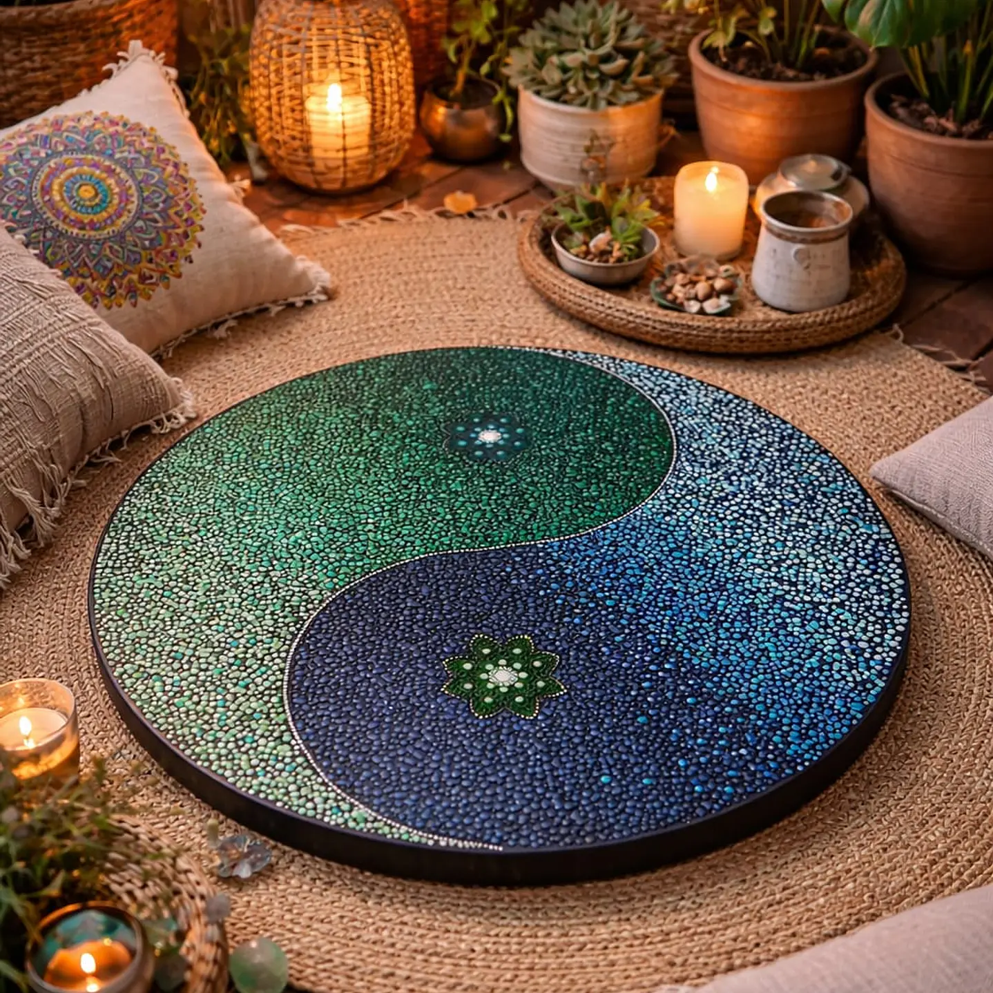 MANDALA YING YANG VERDE & AZUL LIENZO 50 CM 3