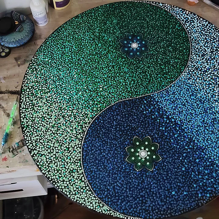 MANDALA YING YANG VERDE & AZUL LIENZO 50 CM 4
