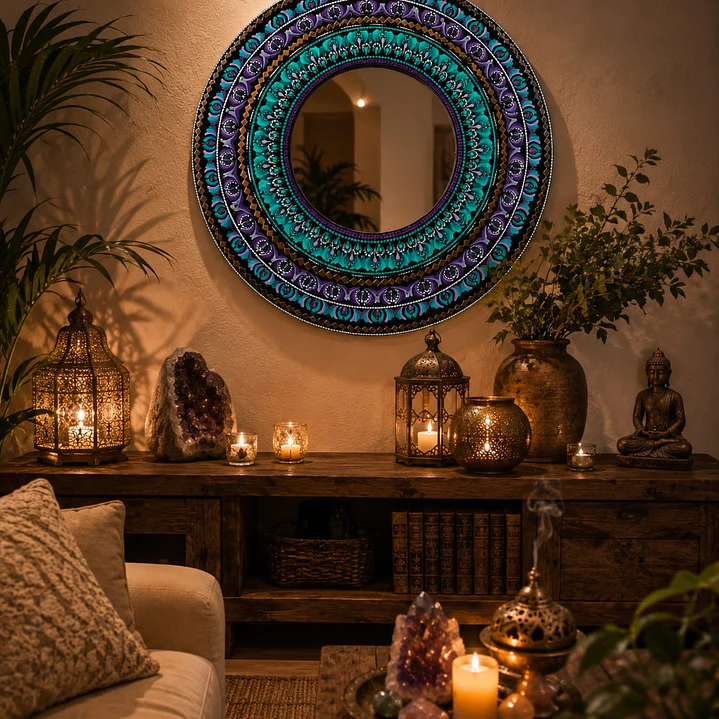 ESPEJO MANDALA TURQUESA Y MORADO 70 CM  2