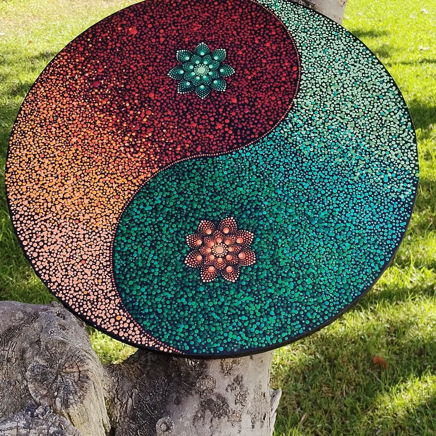 MANDALA YIN YANG VERDE Y NARANJA 50 CM 1