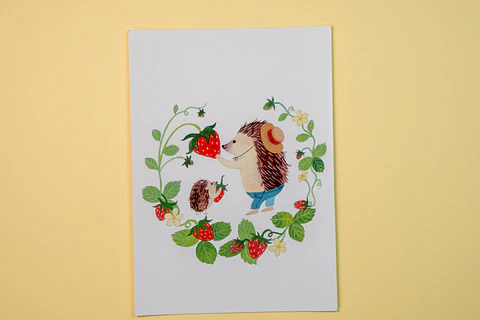 Postal - Erizo y frutillas