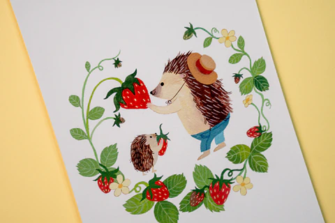 Postal - Erizo y frutillas
