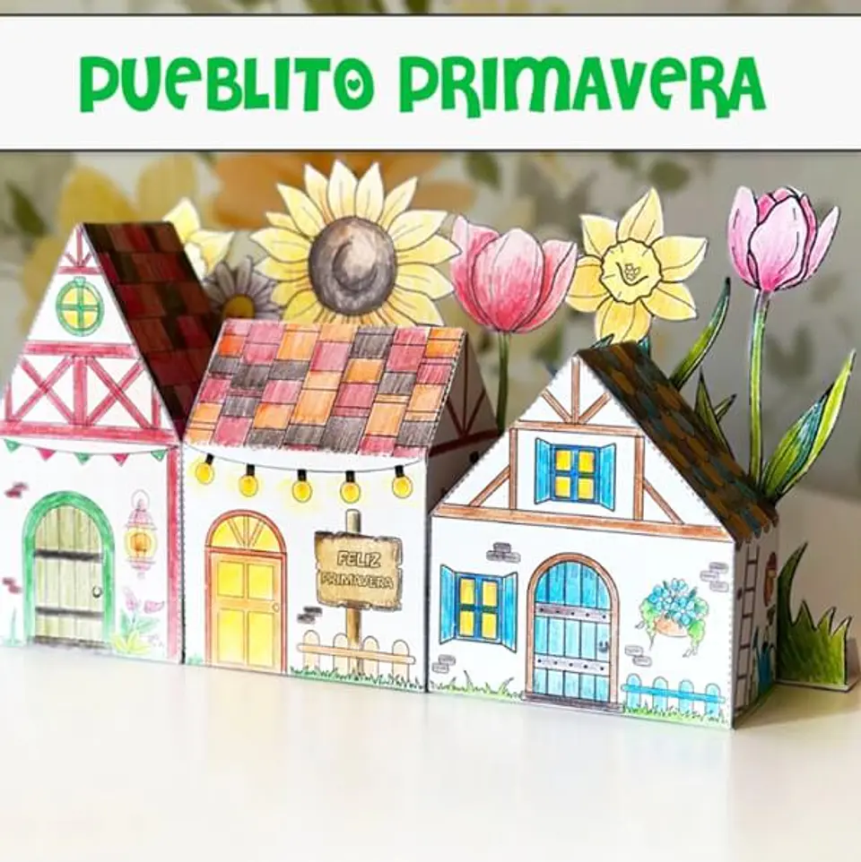 Pueblito Primavera para colorear imprimible 1