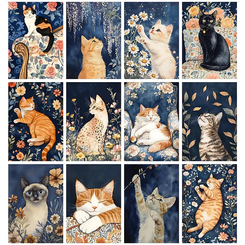 Pack láminas Gatitos Florales Nocturnos