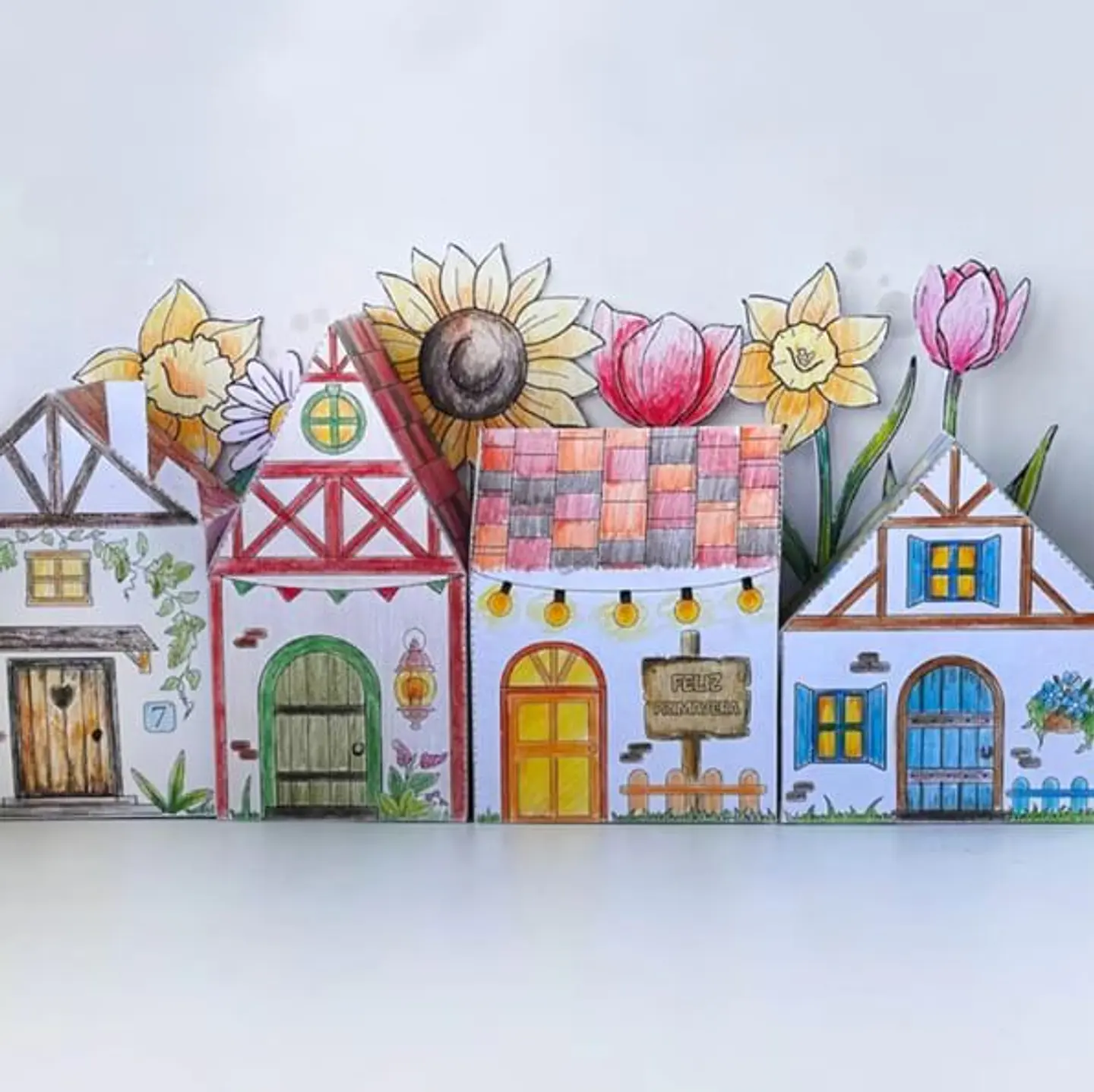 Pueblito Primavera para colorear imprimible 2
