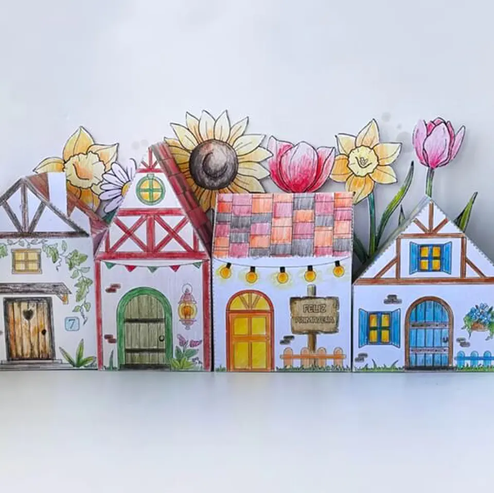Pueblito Primavera para colorear imprimible 2