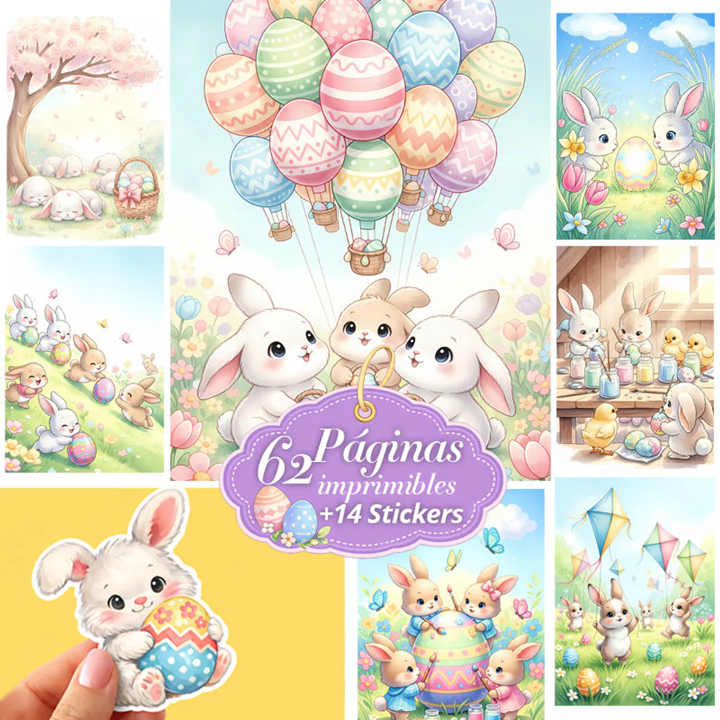 Pack 62 Láminas + 14 Stickers Conejitos Pascua 1