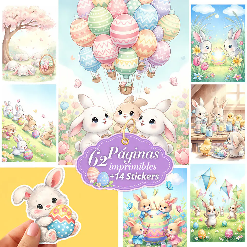 Pack 62 Láminas + 14 Stickers Conejitos Pascua 1