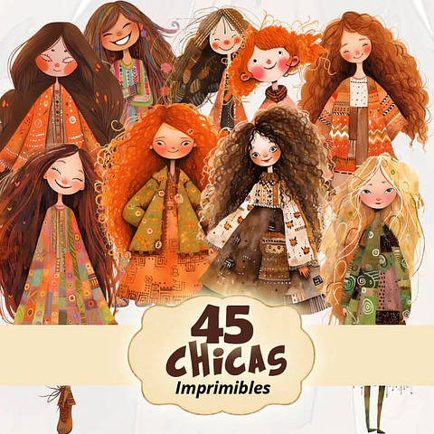 45 Paper Dolls Chicas Bohemias Otoñales en PNG