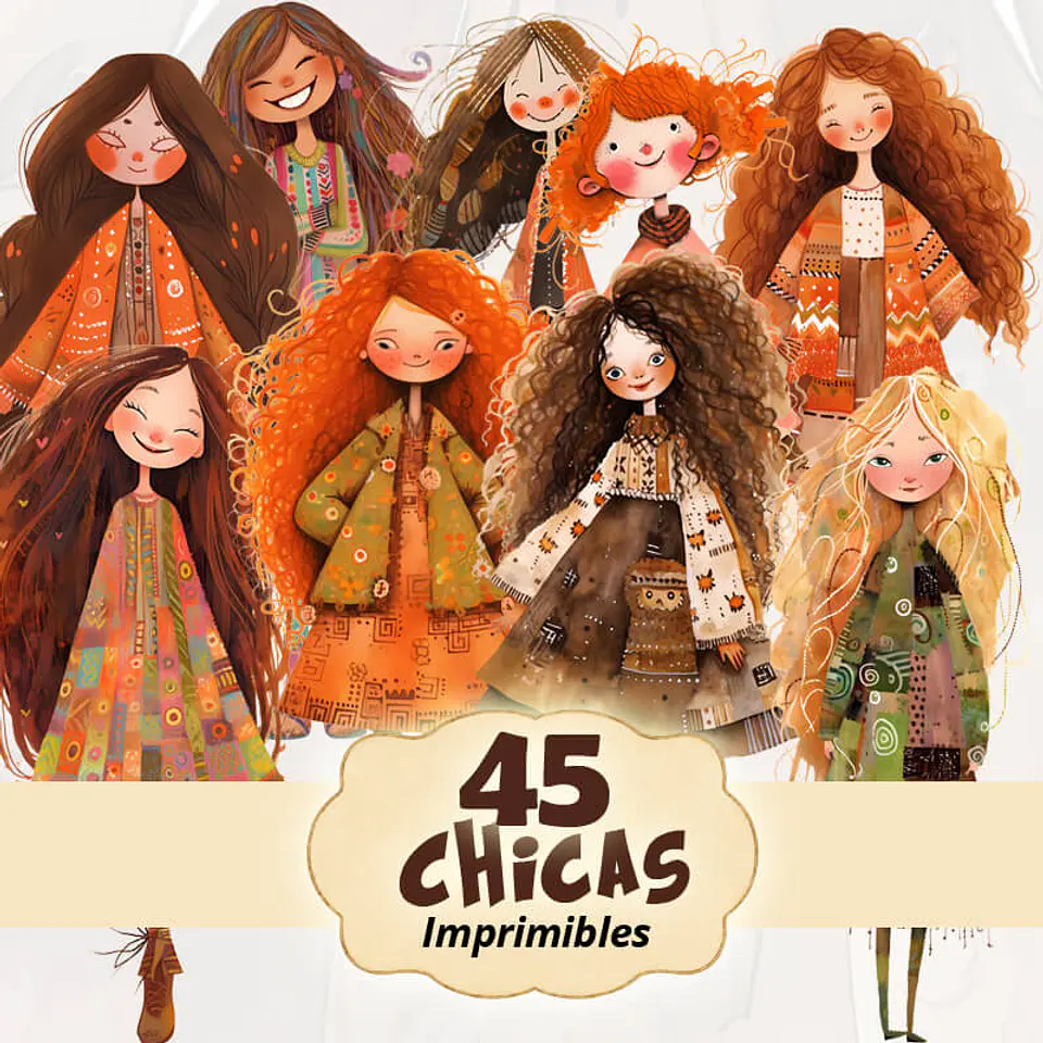 45 Paper Dolls Chicas Bohemias Otoñales en PNG 1