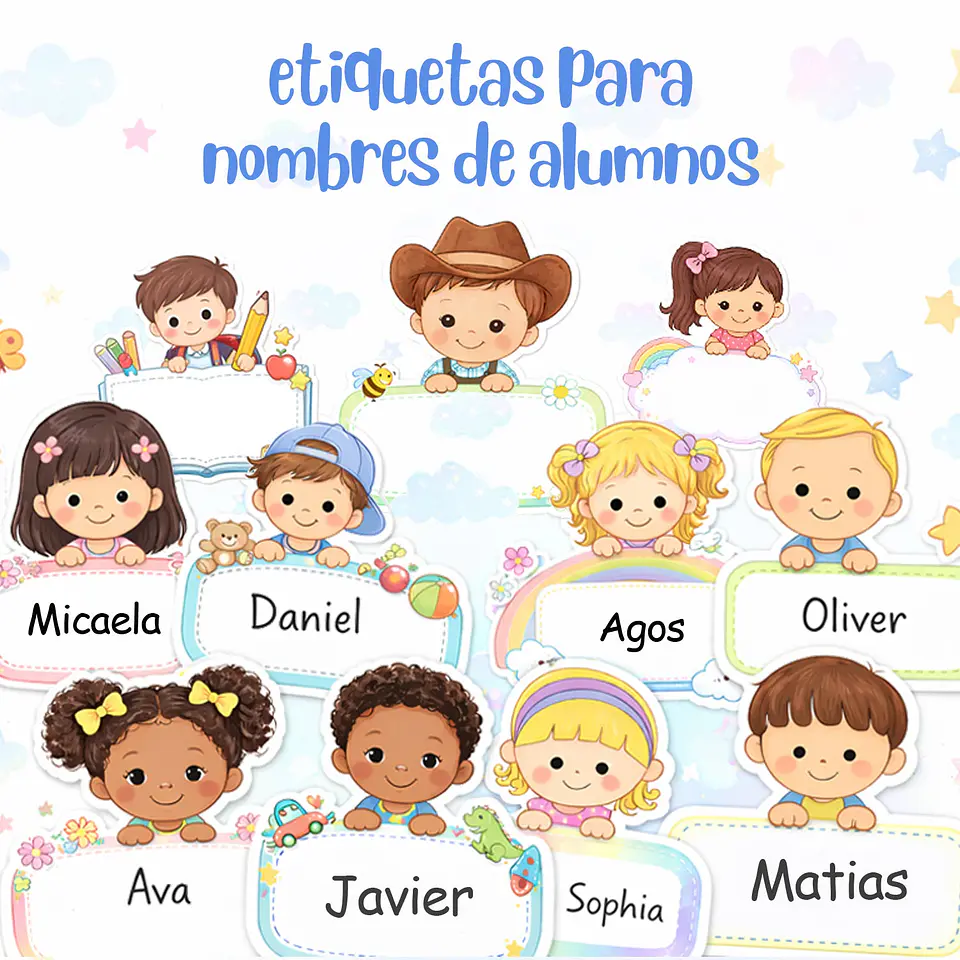 Kit 24 etiquetas para nombres de alumnos para el aula 1