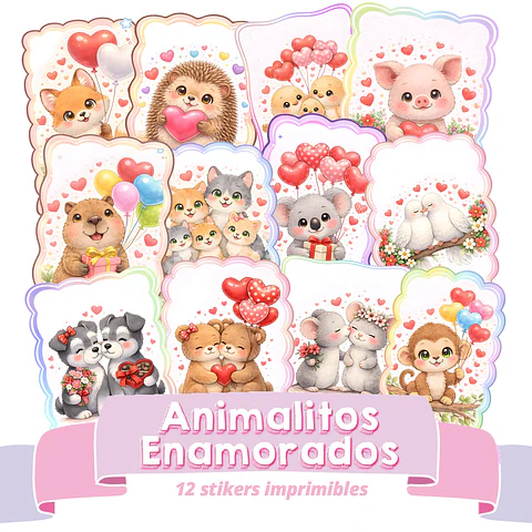12 Stickers  Animalitos Enamorados