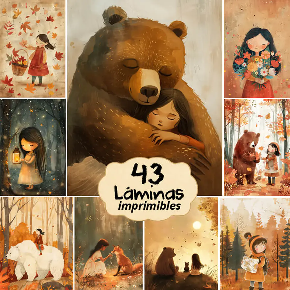 43 Láminas imprimibles de Otoño, la Chica su amigo el Oso 1