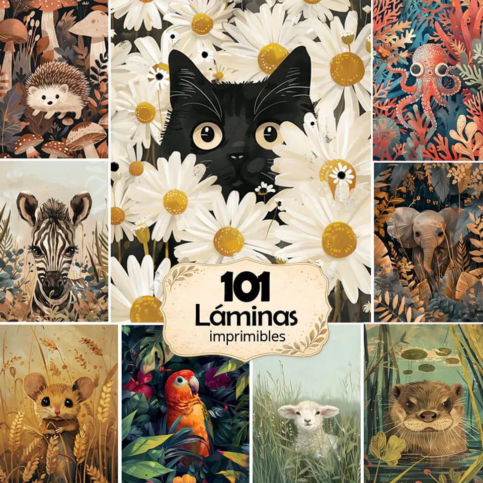 Pack 100 Animales Curiosos entre flores, bosques, y ramas 1