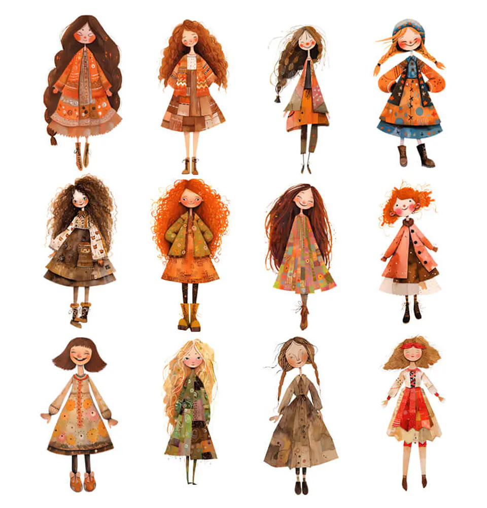 45 Paper Dolls Chicas Bohemias Otoñales en PNG 4