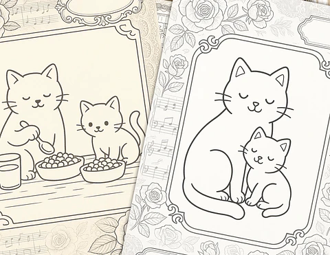 Familia Gatuna para Colorear Vintage