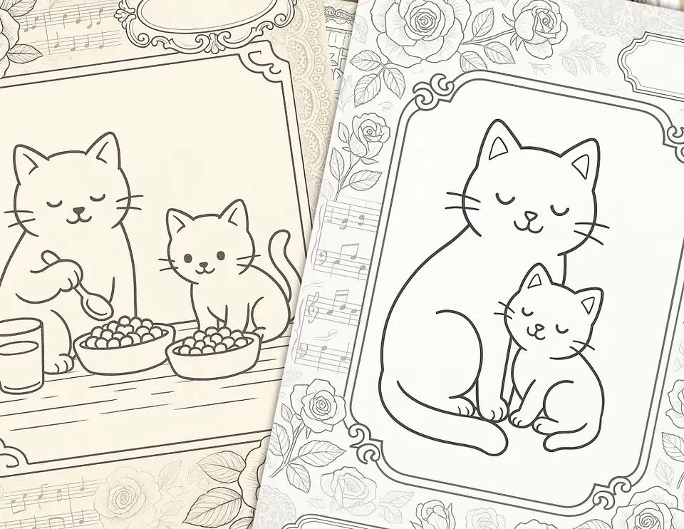 Familia Gatuna para Colorear Vintage 1