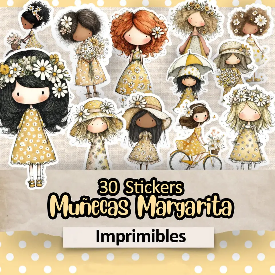 Plancha 30 Stickers Muñequitas Margarita Recortables 1