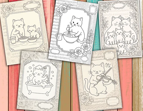 Familia Gatuna para Colorear Vintage