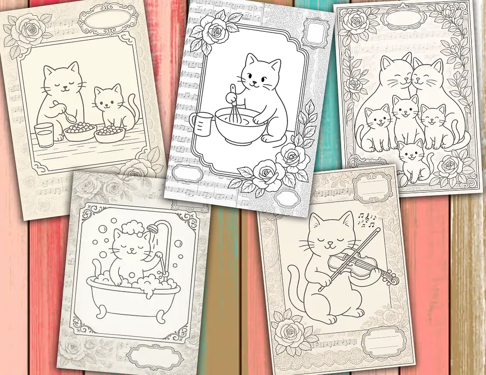 Familia Gatuna para Colorear Vintage 2