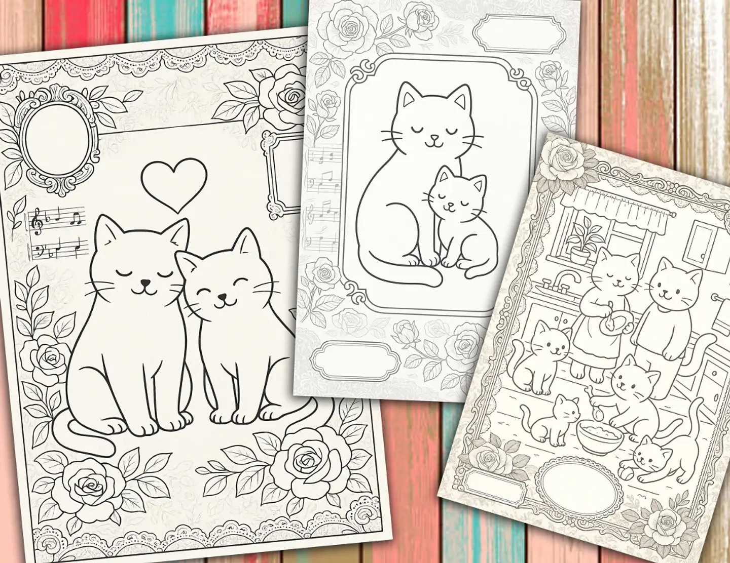 Familia Gatuna para Colorear Vintage 4