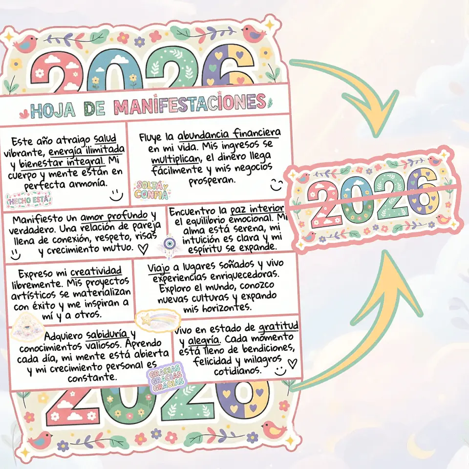 HOJA DE MANIFESTACIONES 2026 + Guía y Stickers ✨Imprimibles 4