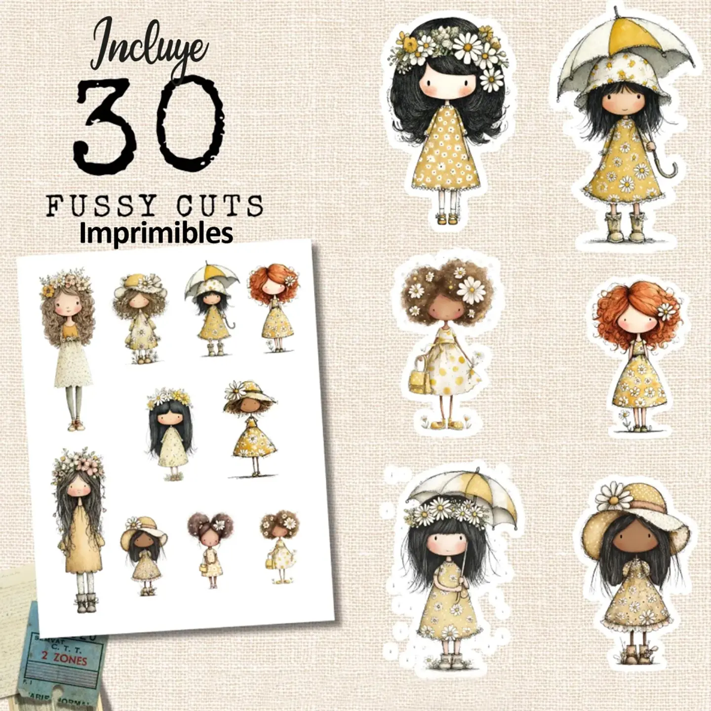 Plancha 30 Stickers Muñequitas Margarita Recortables 6