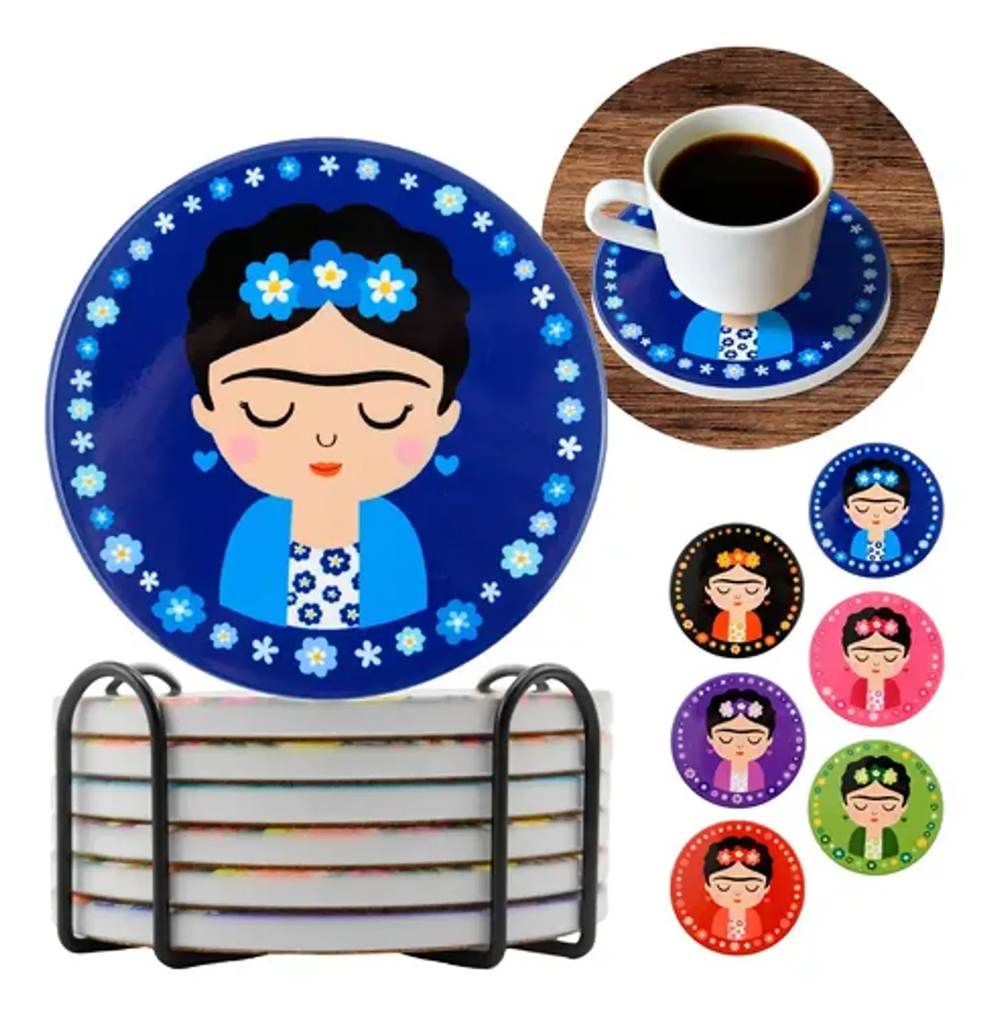 Posavasos Cerámica con Base de Corcho Set 6 + Soporte | Posavasos Decorativos Frida 1