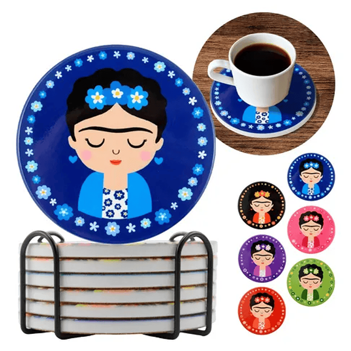 Posavasos Cerámica con Base de Corcho Set 6 + Soporte | Posavasos Decorativos Frida 1