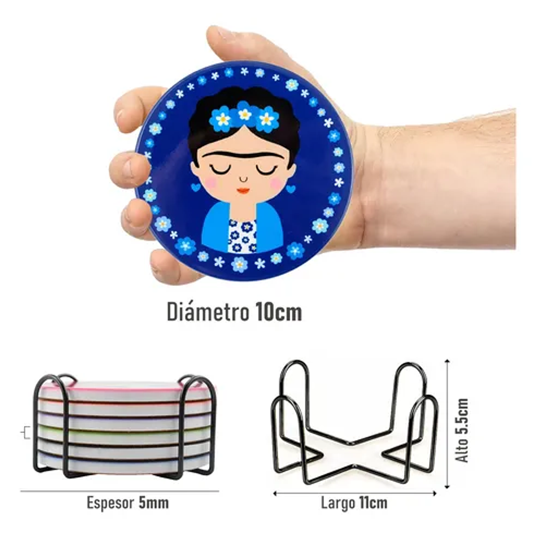 Posavasos Cerámica con Base de Corcho Set 6 + Soporte | Posavasos Decorativos Frida 2
