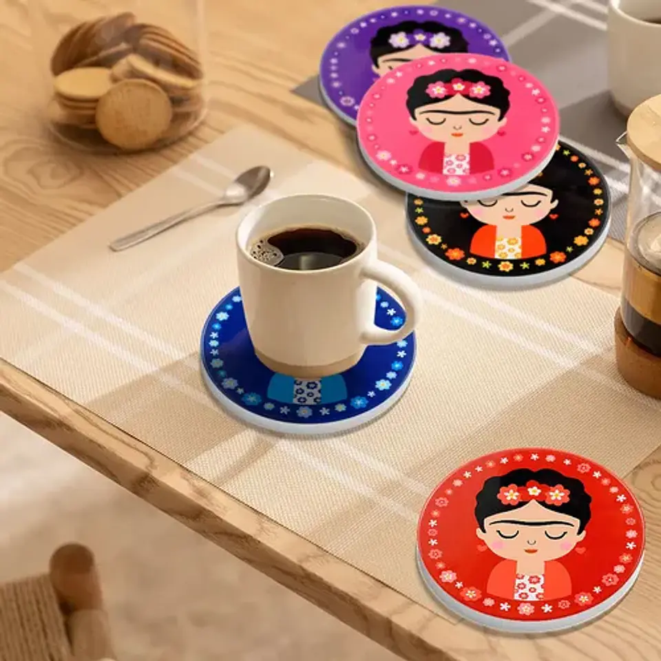 Posavasos Cerámica con Base de Corcho Set 6 + Soporte | Posavasos Decorativos Frida 3