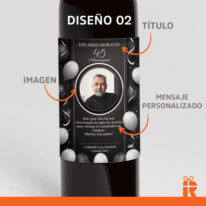 Vino 750ml. diseño cumpleaños con foto 3