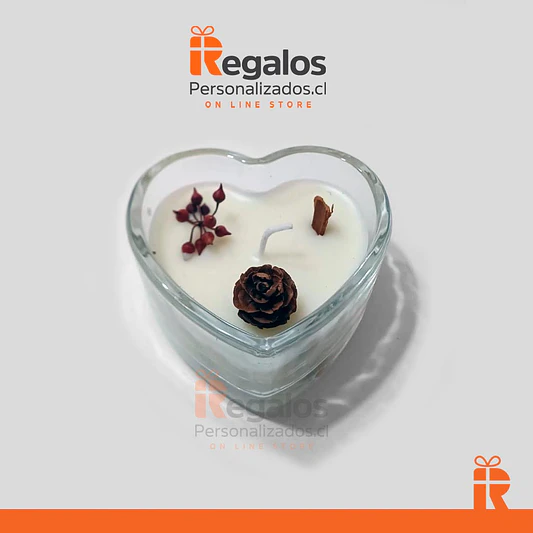 Vela en vidrio corazón y decoraciones 1