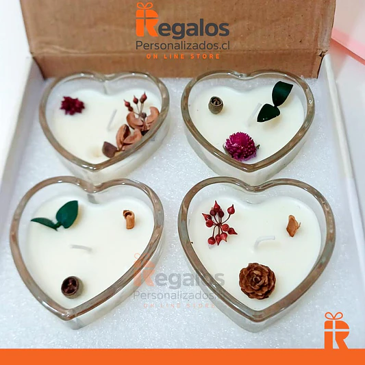 Vela en vidrio corazón y decoraciones 3