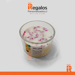 Vela en vidrio circular y hojitas