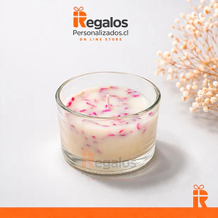 Vela en vidrio circular y hojitas