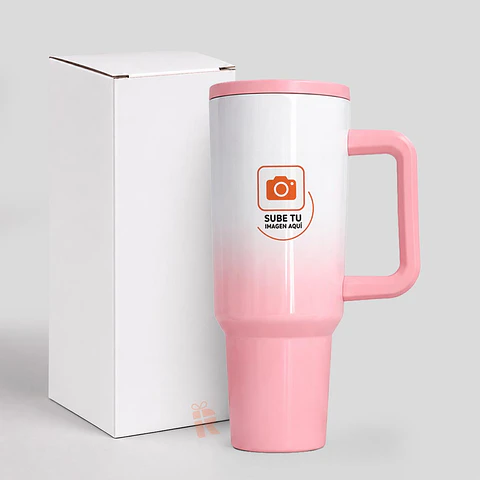 Térmico tumbler tipo stanley bicolor rosa 1200cc tapa antivuelco | Personalizado con imagen, frase o logo