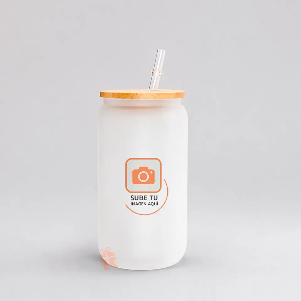 Vaso lata vidrio empavonado tapa bambú 473 cc | Personalizado con imagen, frase, logo 2