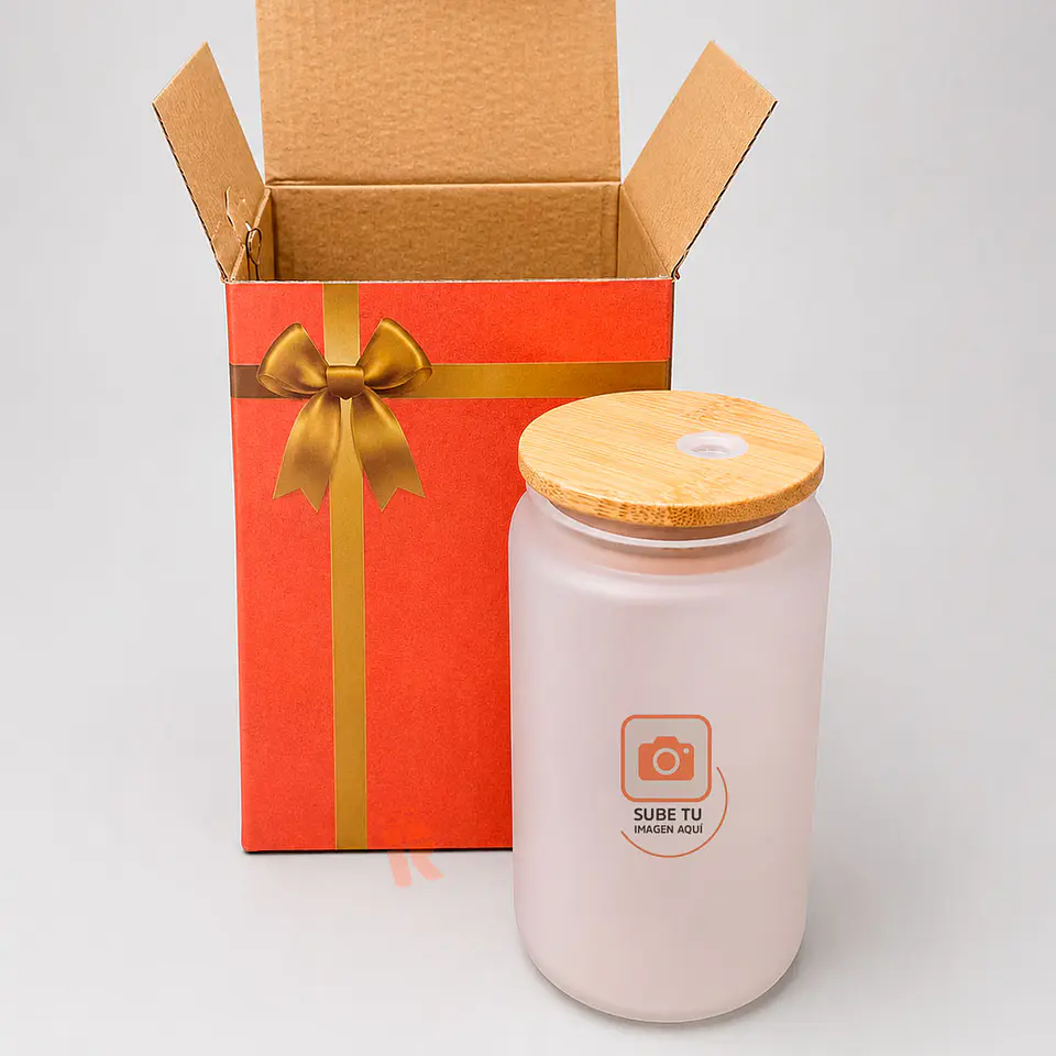 Vaso lata vidrio empavonado tapa bambú 473 cc | Personalizado con imagen, frase, logo 1